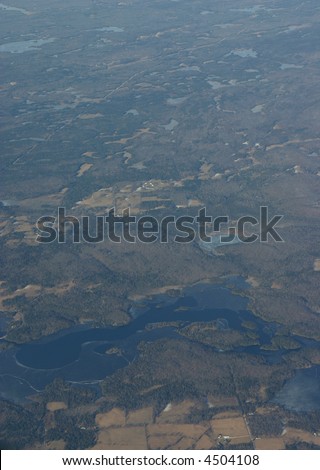 aerial view of lakes, rivers and town