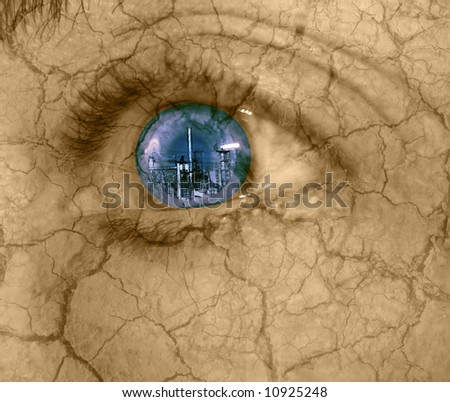 abstract of urban destruction-woman's eye looking at industrial building with dry cracked skin
