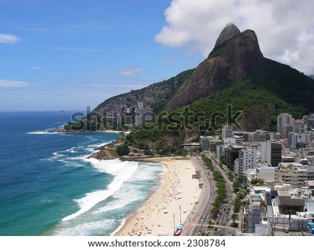 Sky, ocean, mountain, beach, and buildings in Rio de Janeiro