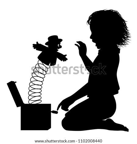 Editable vector silhouette of a young girl surprised by a jack-in-the-box toy 