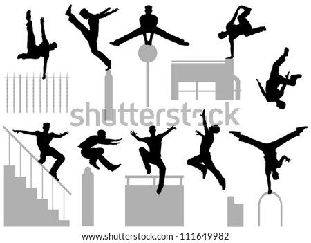 Set of illustrated silhouettes of a man doing parkour