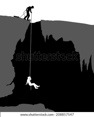 Editable vector illustration of cavers exploring a cave
