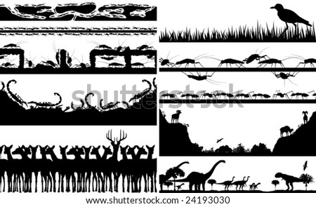 Set of editable vector foregrounds of animal scenes with all individual animals as separate objects