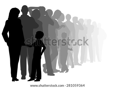 EPS8 editable vector cutout illustration of a long queue of people waiting patiently with all figures as separate objects