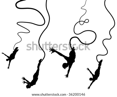 Set of editable vector silhouettes of women bungy jumping