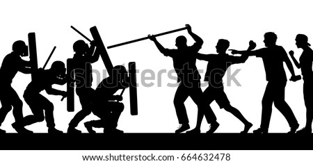 Editable vector foreground silhouette of riot police and an angry mob with figures as separate objects 
