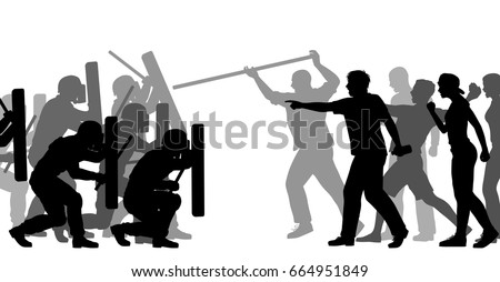 Editable vector cutout illustration of riot police and an angry mob 