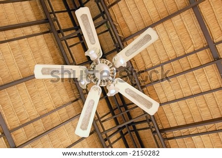 Large ceiling fan under a thatched roof