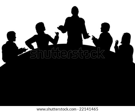 Editable vector silhouette of a business meeting with each figure as a separate object