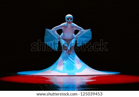 MOSCOW, RUSSIA - DECEMBER 08: Dancer in mask on Charity concert in Nations Theater in Moscow, Russia, December 08, 2012