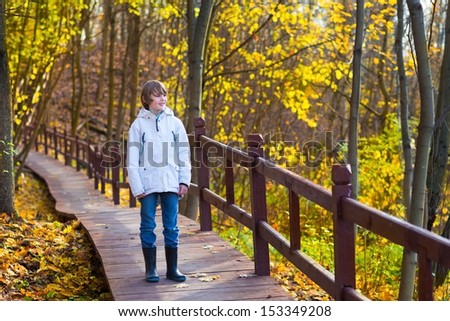 Cute school boy walking in a park on a wooden path way between yellow autumn trees