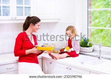 Young mother and her adorable daughter, cute funny toddler girl in a red dress, baking a pie together preparing healthy lunch in a white sunny kitchen with window