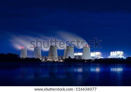 Similar – Image, Stock Photo cooling tower with dirt mountain (seen from the river)