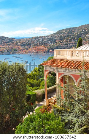 view of luxury resort and bay of Cote d\'Azur. Villefranche, Cap Ferrat, french riviera