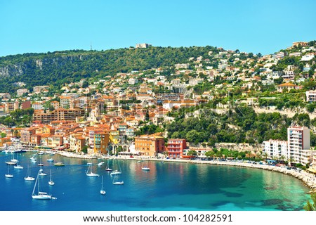 view of luxury resort and bay on sunny day. Villefranche-sur-Mer, Cote d\'Azur, french reviera, near Nice and Monaco