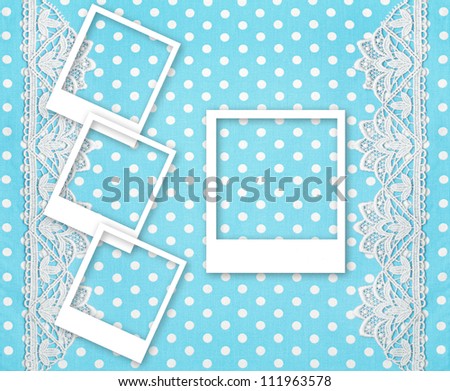three picture photo frames over blue white polka dot background with lace border