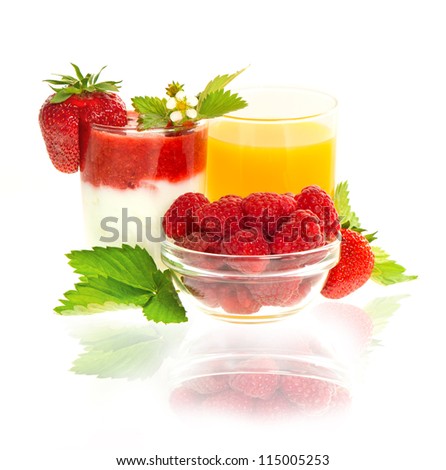fresh strawberry yogurt and orange juice with leaves and flowers decoration on white background
