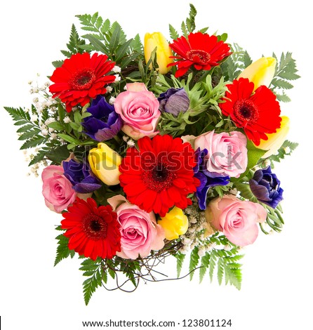 Similar – Image, Stock Photo Bouquet: gerbera and roses in yellow and pink in light blue watering can stands on stone floor