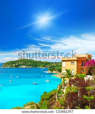 beautiful mediterranean landscape, view of luxury resort and bay of Villefranche-sur-Mer, Cote d\'Azur, french riviera, France near Nice and Monaco