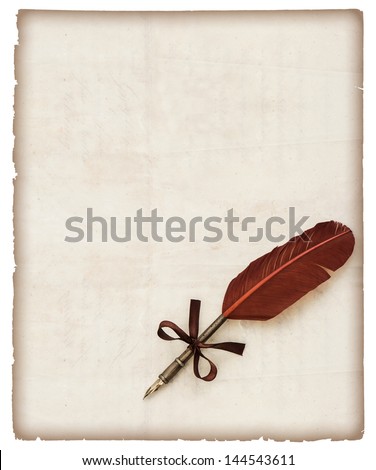 antique paper sheet and vintage ink pen isolated on white background. retro handwriting accessories