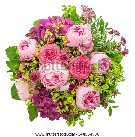 bouquet of beautiful pink peony on white background. festive flowers arrangement. top view