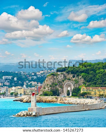 View of mediterranean sea resort, city of Nice, Cote d\'Azur, France, Provence, french riviera. Front of harbor with lighthouse