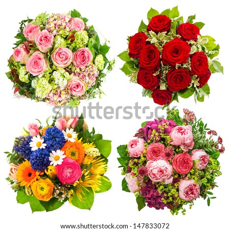 four colorful flowers bouquet for Birthday, Wedding, Mothers Day, Easter, Holidays and Life Events