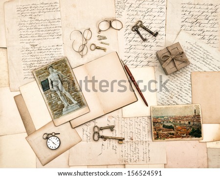 old letters, vintage accessories, diary and photos from Florence. Nostalgic sentimental background