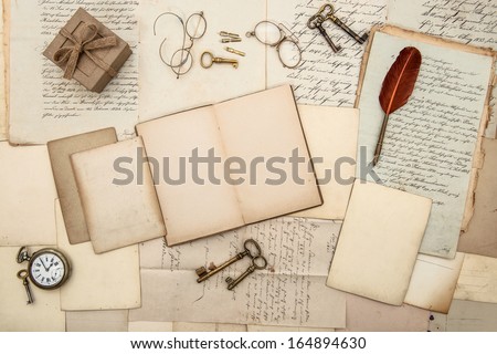 antique accessories, old letters, gift box, watch and keys. vintage nostalgic background