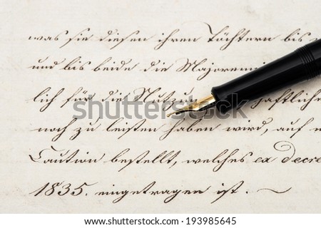 Old letter with calligraphic handwritten text and vintage ink pen. retro style background
