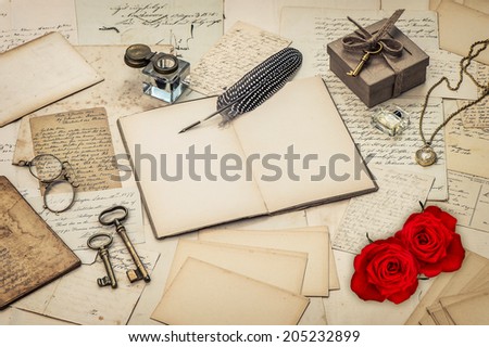 diary book, old love letters and red rose flowers. nostalgic sentimental background. retro style toned picture