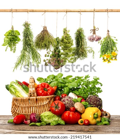 vegetables and herbs on white background. organic diary products. shopping basket. healthy food concept