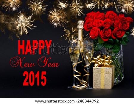 Happy New Year 2015! card concept. red roses, bottle of champagne, golden gift with beautiful golden fireworks on black background