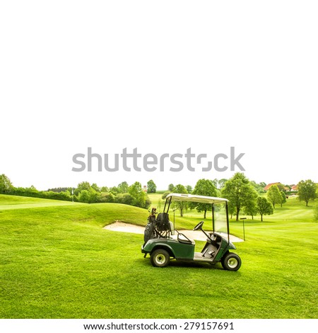 Golf course landscape and a cart over white background with space for your text. Spring field
