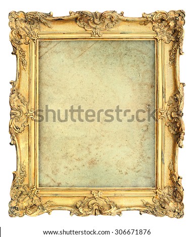 Golden baroque style picture frame with canvas isolated on white background. Vintage object