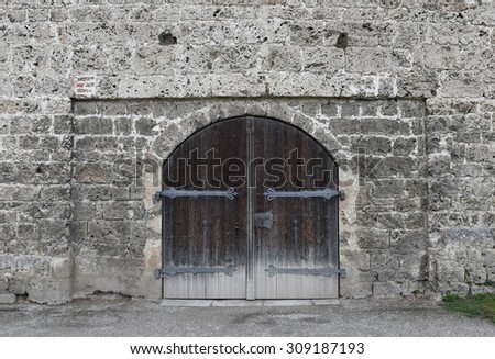 Rustic cracked wall with old wooden door. Stone texture background. Antique exterior