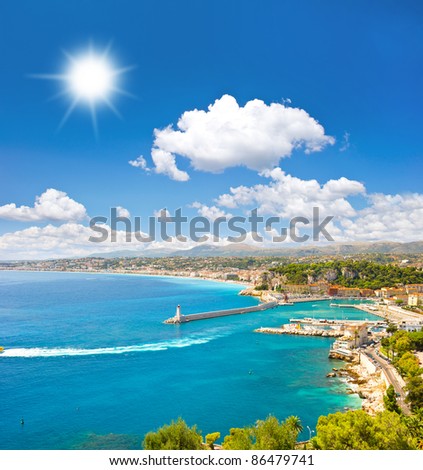 turquoise sea and perfect sunny blue sky. View of mediterranean resort, Nice, Cote d\'Azur, France