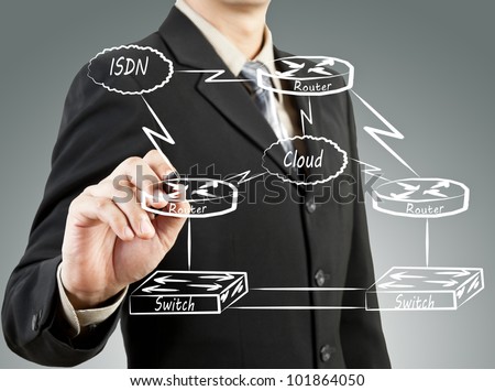 Business man draw network diagram basic concept