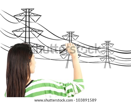 woman drawing electric pylon and wire