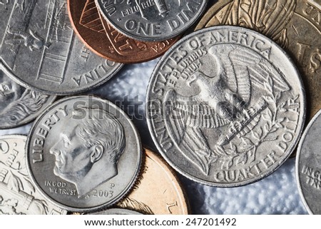 Group of US American coin and quarter dollar