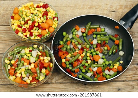 two bowls of vegetables and frying pan on wood