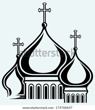 The bulbous domes of orthodox cathedral temple. Image isolated on blue background
