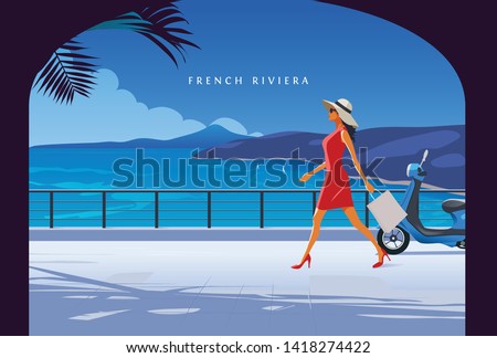 Woman walking by the seaside. Fashion Illustration. French Riviera Сток-фото © 