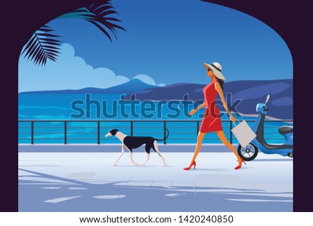 Woman with Dog walking by the seaside. Fashion Illustration. French Riviera ストックフォト © 
