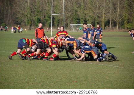 EASTLEIGH, DORSET FEB 21: A rugby scrum formation in action during a rugby match between Eastleigh and East Dorset in Eastleigh, Dorset, England February 21, 2009.