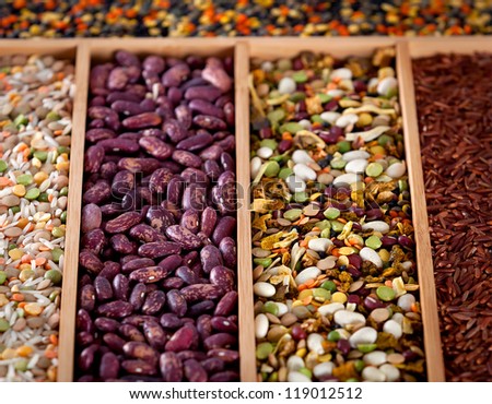 Set of beans, rice, lentils, spices for cooking in the kitchen