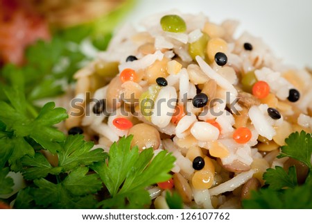 Steamed rice and lentils with vegetables
