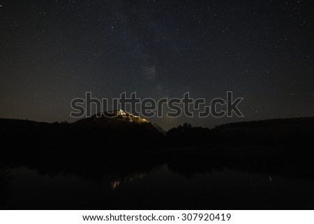 Starry sky on a background of mountain peaks. Milky Way at night.