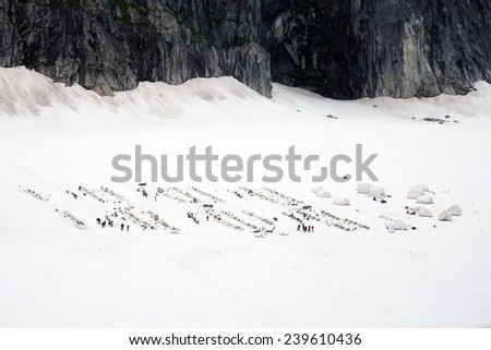 Aerial view of dog sled camp at Norris Glacier in Alaska on a cloudy day