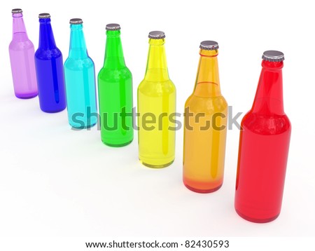 Diagonal line of colored beer bottles rendered with soft shadows on white background